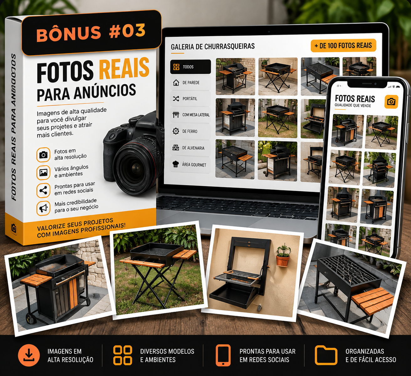 Banco de fotos reais para anúncios exibido em notebook e celular