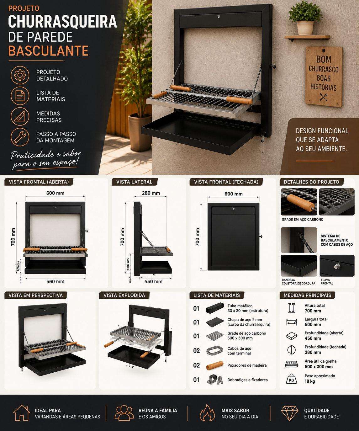 Prancha técnica de projeto de churrasqueira com vistas, medidas e lista de materiais (06)