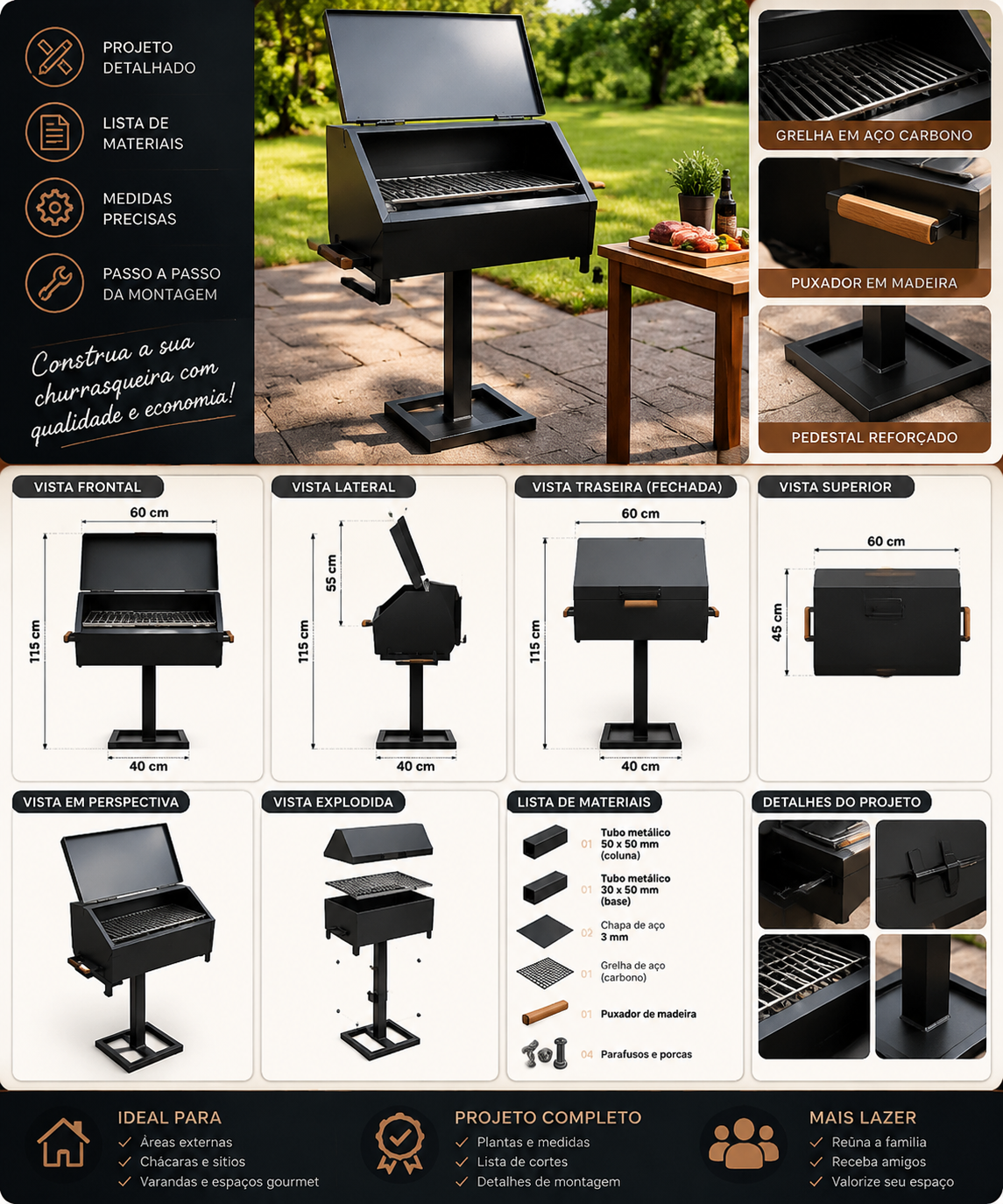 Prancha técnica de projeto de churrasqueira com vistas, medidas e lista de materiais (01)