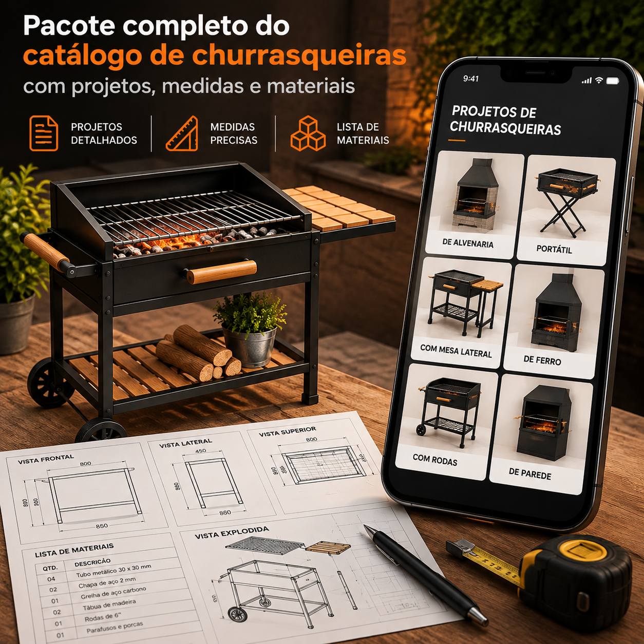 Pacote completo do catálogo de churrasqueiras com projetos, medidas e materiais
